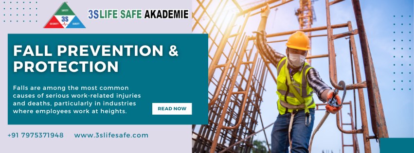 Graphic illustrating fall prevention and protection, featuring a worker wearing a safety harness and helmet while working at height, emphasizing the importance of using proper safety equipment to prevent falls in the workplace.